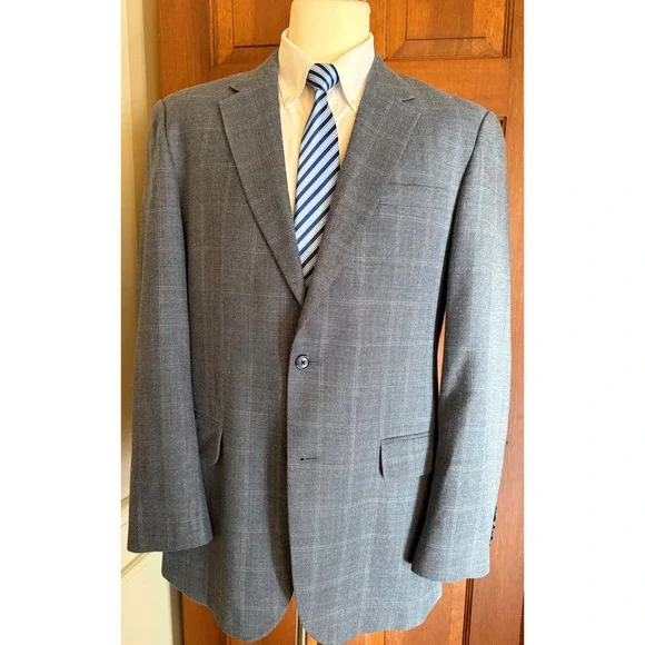 Jos. A. Bank Silk Wool Sport Coat Men 42L Blue Windowpane 2-Button Blazer Jacket